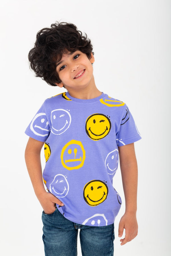 Boy's Smiley Face Printed Half Sleeve T-Shirt With Round Neck