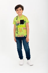 Boys' Printed Half-Sleeve T-shirt With A Pocket On The Front And A Round Neck