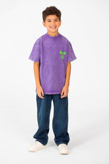 Boy's Washed Text Print Oversized T-Shirt With Short Sleeves And Round Neck