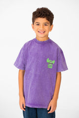 Boy's Washed Text Print Oversized T-Shirt With Short Sleeves And Round Neck
