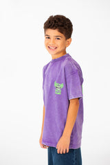 Boy's Washed Text Print Oversized T-Shirt With Short Sleeves And Round Neck