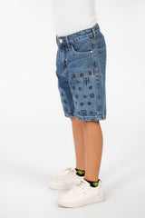 Boy's Summer Denim Short With A Modern Print And Pockets