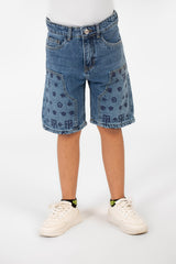 Boy's Summer Denim Short With A Modern Print And Pockets