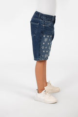 Boy's Summer Denim Short With A Modern Print And Pockets