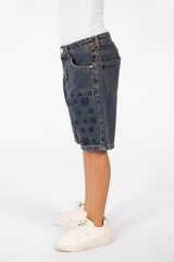 Boy's Summer Denim Short With A Modern Print And Pockets