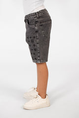 Boy's Summer Denim Short With A Modern Print And Pockets