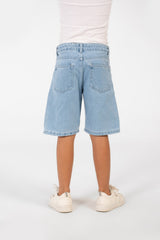 Boy's Summer Denim Short With A Modern Print And Pockets