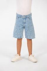 Boy's Summer Denim Short With A Modern Print And Pockets