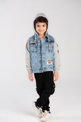 Boy's Denim Melton Hooded Printed Details Casual Slim Fit Jackets With Melton Sleeves