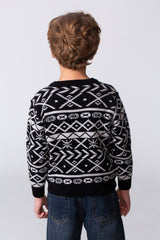 Boy's Printed Slim Fit Jakar Pullover With A Round Neck And Long Sleeves