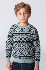 Boy's Printed Slim Fit Jakar Pullover With A Round Neck And Long Sleeves