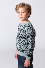 Boy's Printed Slim Fit Jakar Pullover With A Round Neck And Long Sleeves