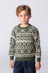 Boy's Printed Slim Fit Jakar Pullover With A Round Neck And Long Sleeves