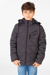 Boy's Waterproof Puffer Hood Jacket With Front Zipper