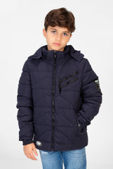 Boy's Waterproof Puffer Hood Jacket With Front Zipper