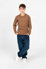 Boy's Plain Knitted Crew Neck Long Sleeve Pullover Sweater