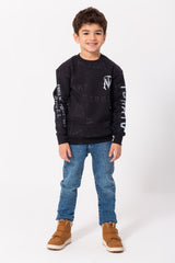 Boy's Rounded Neck Padded With Unqiue Modern Front Pattern & Printed Sleeve Sweatshirt