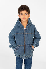 Boy's Denim Hood Jacket With Full Zipper And Pockets