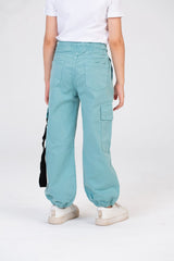 Girls Gabardine Pants With Elastic Waistband In Black And Side Pockets