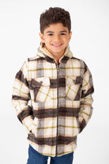 Boy's Checked Fur Padded Hood Shirt With Fully Zipped