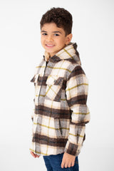 Boy's Checked Fur Padded Hood Shirt With Fully Zipped