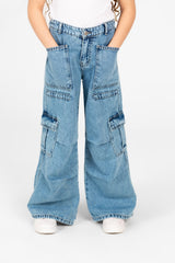 Girl's Wide Leg Slouchy Jeans Pants With Side Pockets