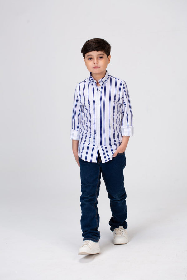 Boys Striped Shirt With Long Sleeves And Printed Poplin Material