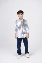 Boys Striped Shirt With Long Sleeves And Printed Poplin Material