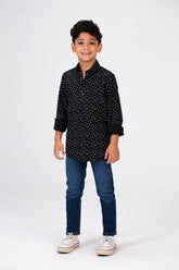 Boys Dotted Shirt With Long Sleeves And Printed Poplin Material