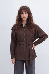 Women’s Tomato Store Belted Drape Blouse Soft Brushed Texture Gives The Plain Body Washed Depth Button Front Self Tie Waist