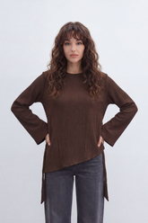Women’s Tomato Store Wrap Rib Tie Blouse Vertical Ribbed Texture Shapes The Body With Asymmetric Front Hem Side Slit Detail Back Waist Tie