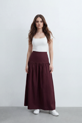 Women’s Tomato Store Sculpted Yoke Maxi Skirt Clean Matte Surface Drop Seam Gathering Builds Soft Volume Natural Crease Finish