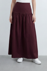 Women’s Tomato Store Sculpted Yoke Maxi Skirt Clean Matte Surface Drop Seam Gathering Builds Soft Volume Natural Crease Finish