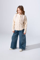 Girl's long Sleeve Round Neck Adorned With Flores Pattern Pearl Button Down Slim Fit Luxurious Knit Warmth Pullover