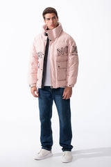 Men's High Neck Puffer Design Bold Letter Print Large Flap Pockets Thermal Waterproof Jacket