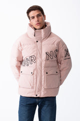Men's High Neck Puffer Design Bold Letter Print Large Flap Pockets Thermal Waterproof Jacket