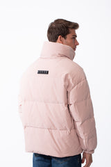 Men's High Neck Puffer Design Bold Letter Print Large Flap Pockets Thermal Waterproof Jacket