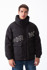 Men's High Neck Puffer Design Bold Letter Print Large Flap Pockets Thermal Waterproof Jacket