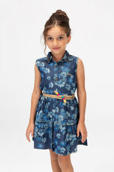 فستان صيفي مزهر للبنات بأزرار أمامية باللون الأزرق الداكن