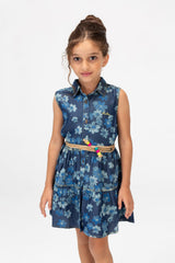 Girls Summer Floral Dress With Front Buttons In D-Blue