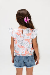 Girls Flamingo Floral Blouse With Ruffles Off The Shoulder And A Modern Cut In Orange