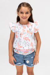 Girls Flamingo Floral Blouse With Ruffles Off The Shoulder And A Modern Cut In Orange
