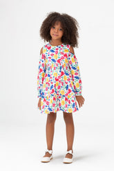 Girls Round Long Sleeved Floral Dress In Blue