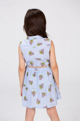 Girls Sleeveless Floral Dress With A Burlap Belt In The Middle Baby Blue