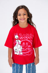 تيشيرت بنات بياقة دائرية وقصة واسعة وأكمام قصيرة مطبوع