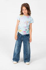 Girl's Summer Melton Colors Print Round Neck Short Sleeve T-Shirt