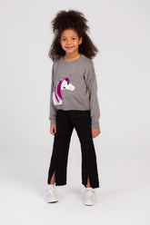 Girl's Rounded Neck Front Printed Unicorn Design Soft Wool Pullover