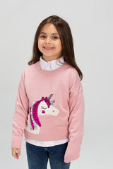 Girl's Rounded Neck Front Printed Unicorn Design Soft Wool Pullover