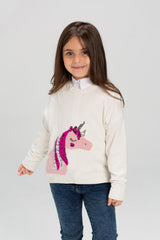 Girl's Rounded Neck Front Printed Unicorn Design Soft Wool Pullover