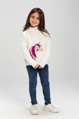 Girl's Rounded Neck Front Printed Unicorn Design Soft Wool Pullover